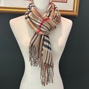NWOT- White Stag Plaid Tan, Black and Red Scarf With Fringes